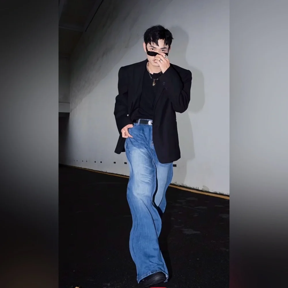 Men Trendy Wide Leg Wave‎ Design Jeans Influencer & Celebrity Inspired High Rise